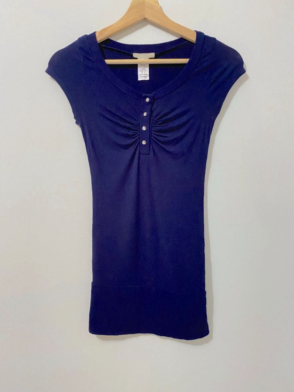 Y2K Coquette Navy Blue Stretch Knit Fitted Babydoll T-shirt Top Tunic Rhinestone